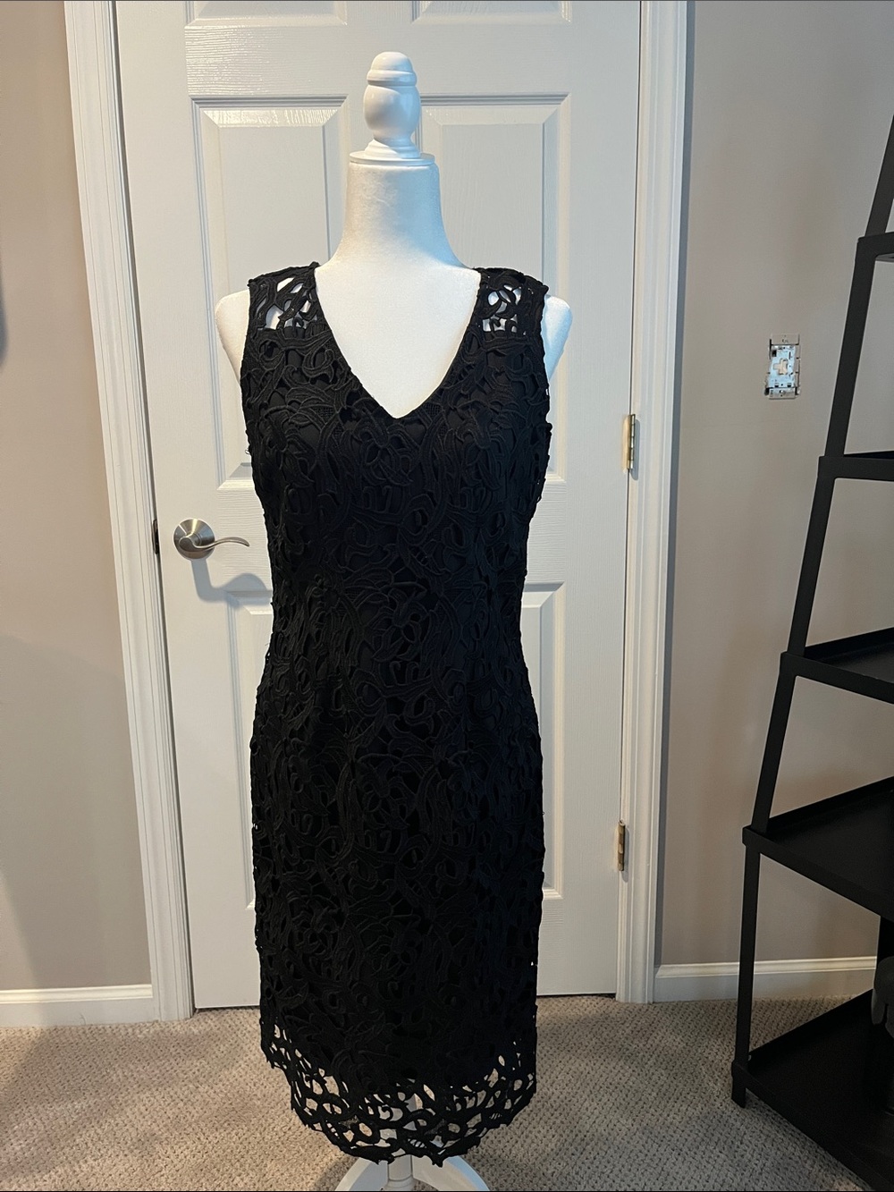 Tahari Black Lace V-Neck Midi Dress